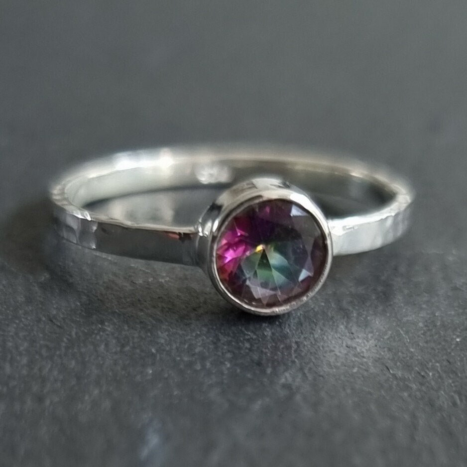 Mystic Topaz Ring, Round Stone 925 Silver Stacking Ring, November Birthstone, Engagement Ring, Solitaire Gemstone Ring, Mistry Gems, R11MT
