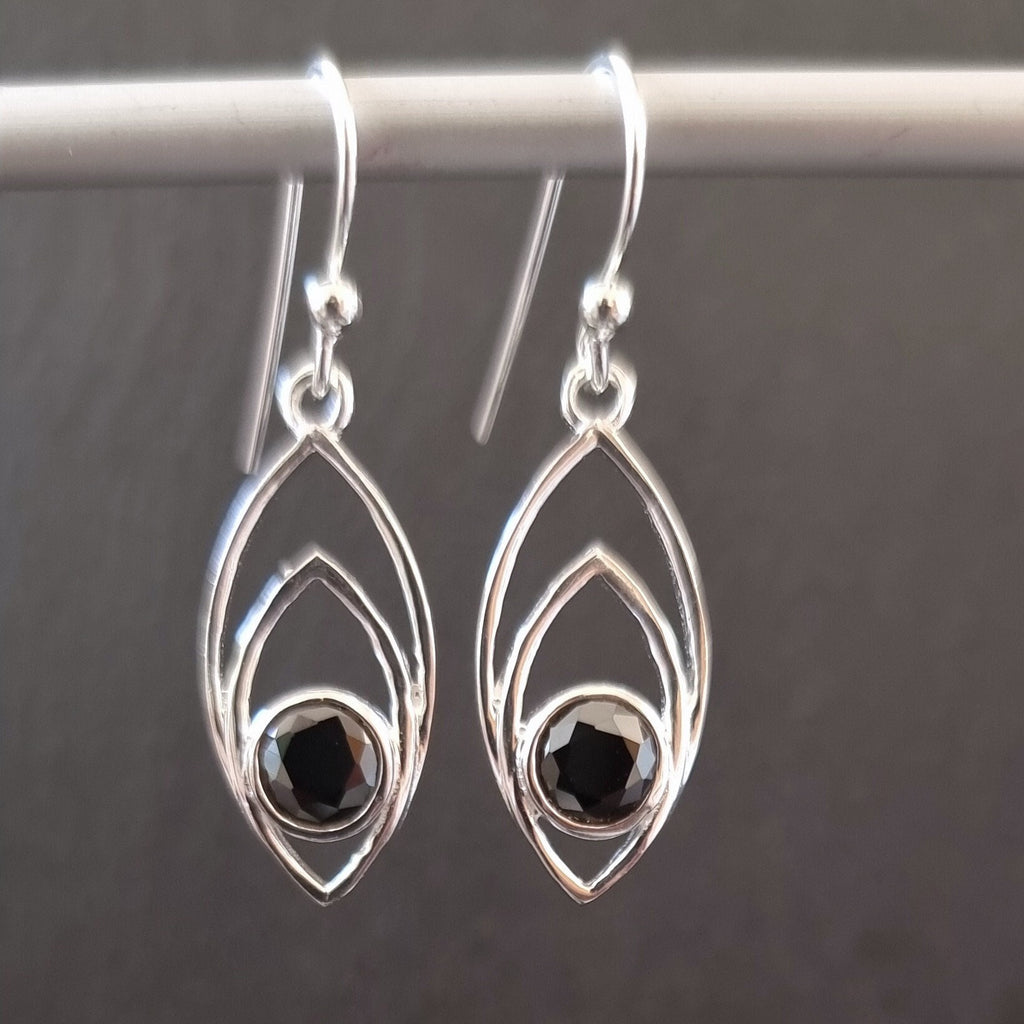 Black Onyx Facetted Marquis Silver Earrings, E35OF