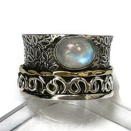 Moonstone Spinner Ring Brass, Oxidised 925 Silver, SP71M