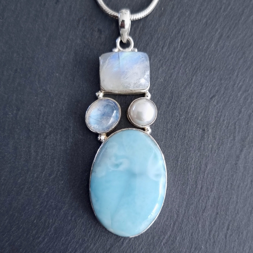 Designer Larimar Moonstone Pearl Multistone Pendant, LARP6