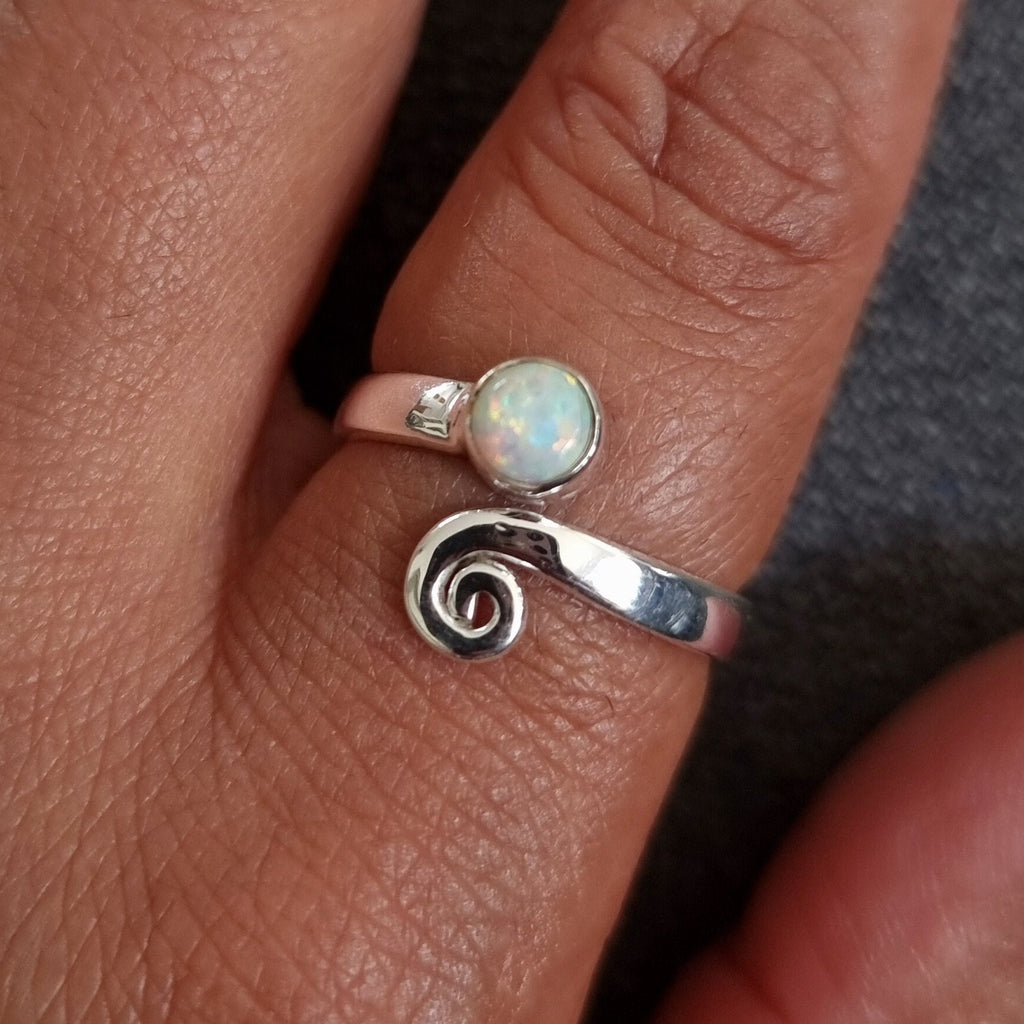 Modern Adjustable Silver White Opal Ring, 925 Sterling Silver Wrap Spiral Ring, R61WOP