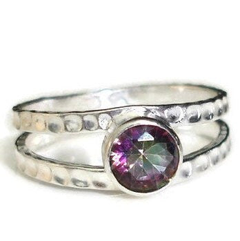 Round Mystic Topaz Ring, Dimpled Sterling Silver Ring, November Birthstone, Thumb Ring, Rainbow Gemstone Solitaire Ring, Mistry Gems, R22MTA