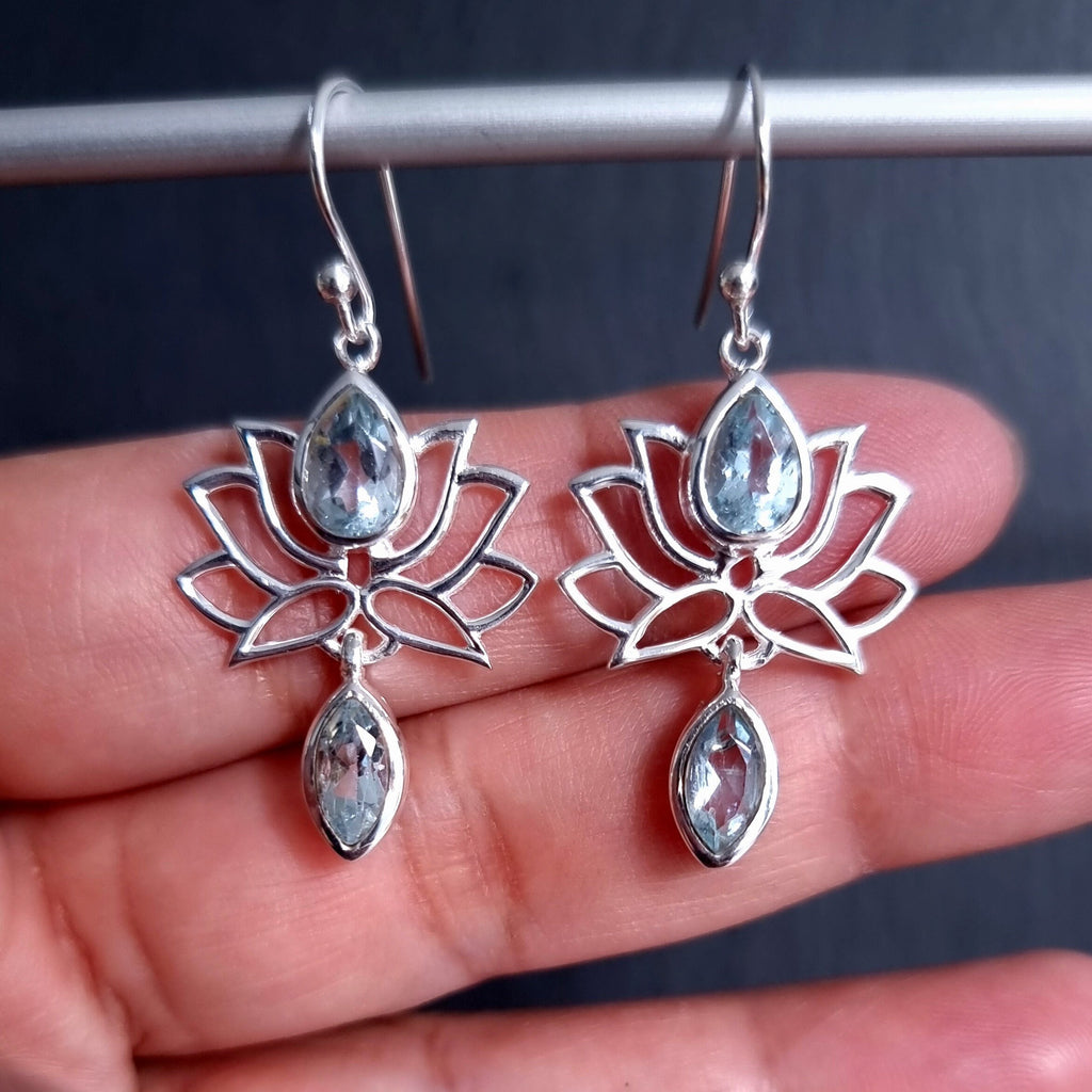 Blue Topaz 925 Sterling Silver Lotus Flower Earrings, E64BT