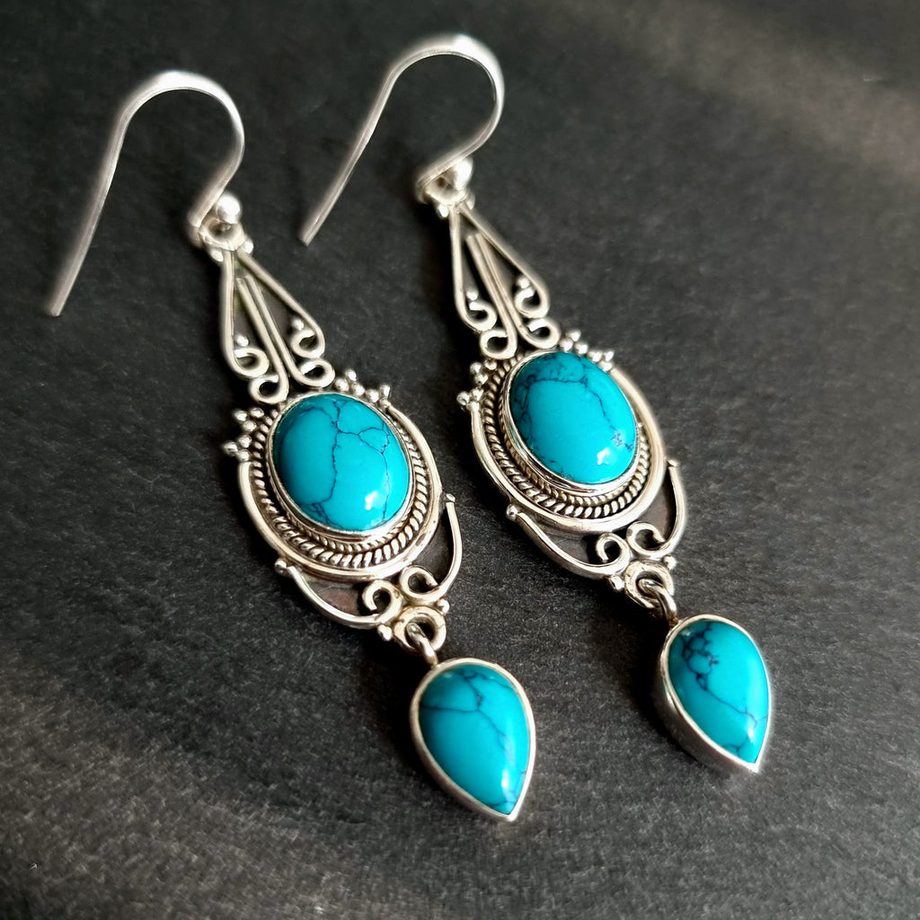 Turquoise Boho Long Oxidised 925 Sterling Silver Dangly Earrings, E38T