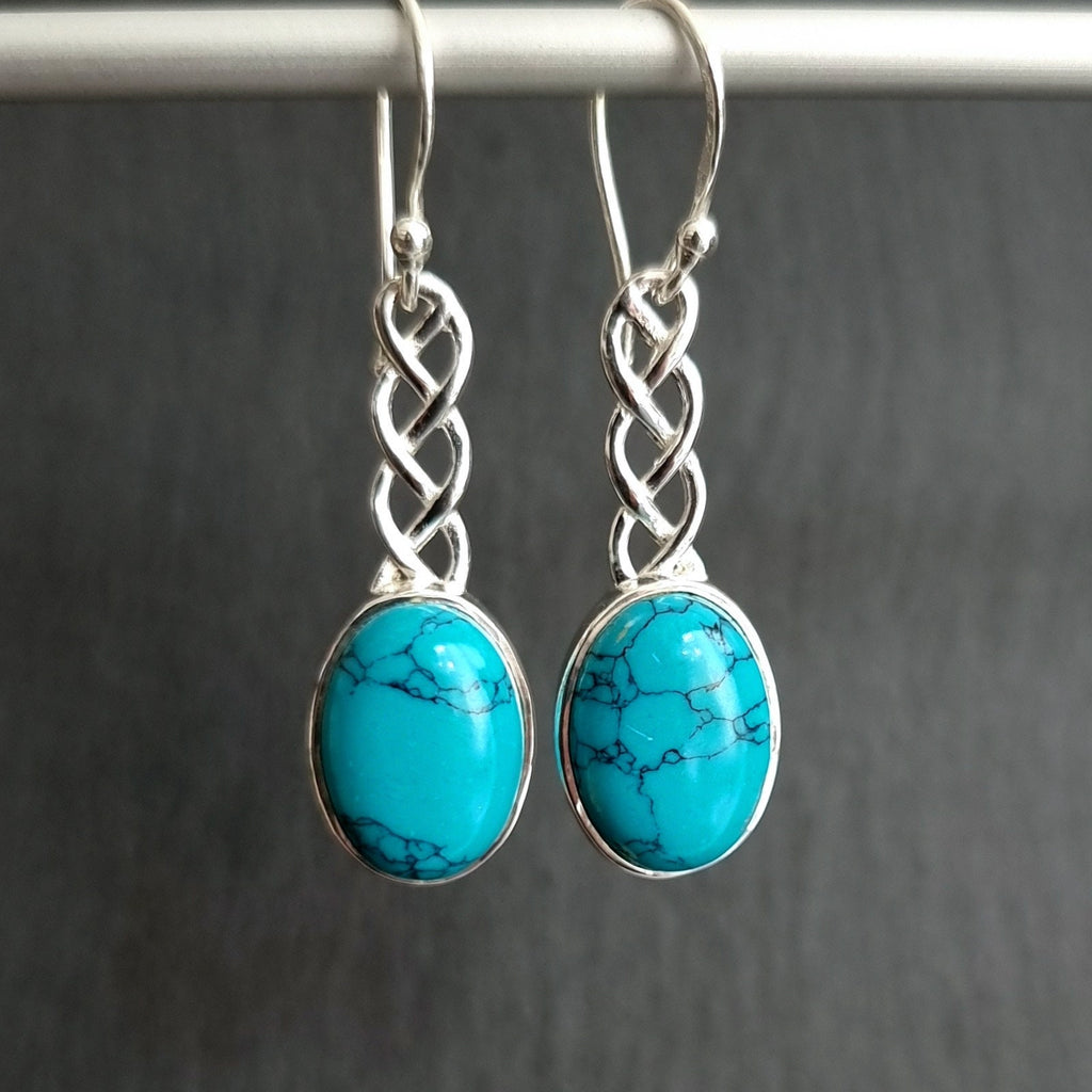 Turquoise Long 925 Sterling Silver Celtic Weave Earrings, E39T