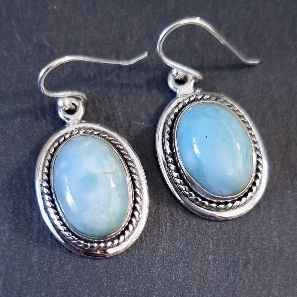 Large Oval Larimar Boho Sterling Silver Earrings, LARE10
