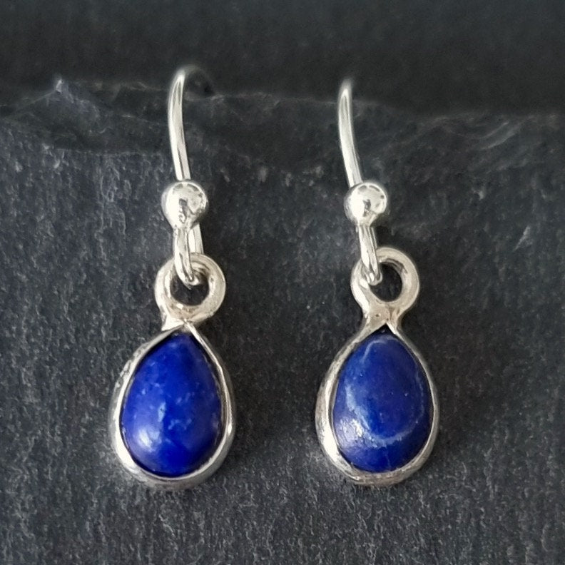 Lapis Lazuli Tiny Bezel Set Teardrop Silver Earrings, Stone 7mm x 5mm, E3LL