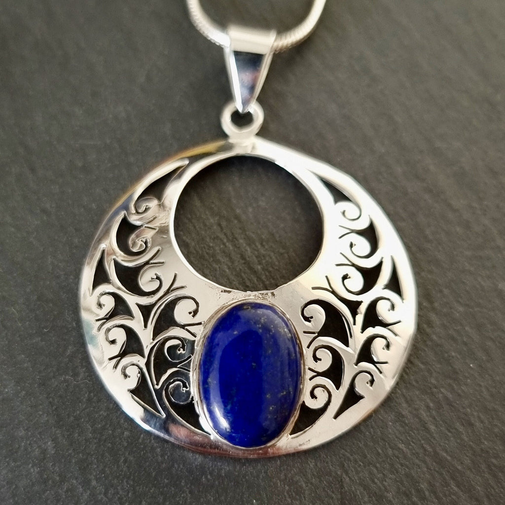 Lapis Lazuli Round Filigree Silver Pendant, P1LL