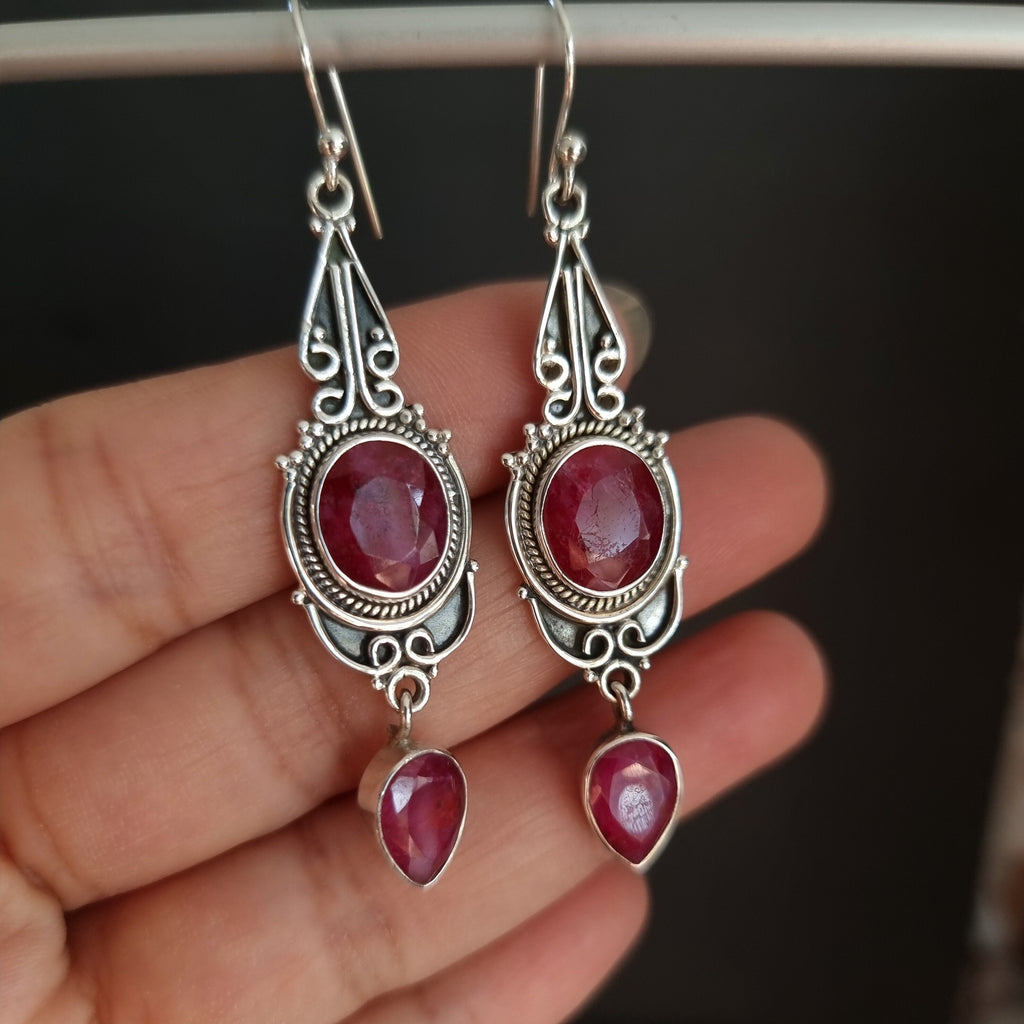 Boho Long Ruby Sterling Silver Earrings, Nepali Hippy Earrings, July Birthstone, 15h Anniversary Gift Idea, Mistry Gems, E38R