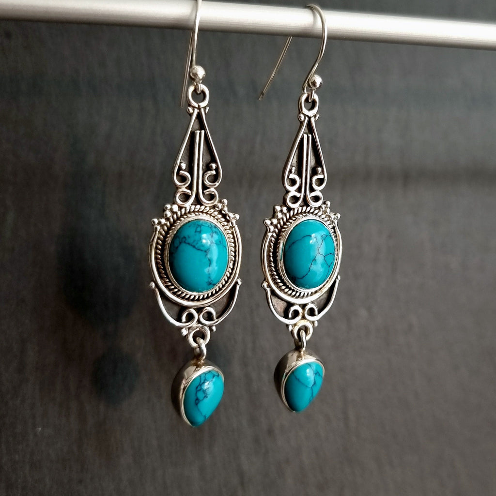 Turquoise Boho Long Oxidised 925 Sterling Silver Dangly Earrings, E38T