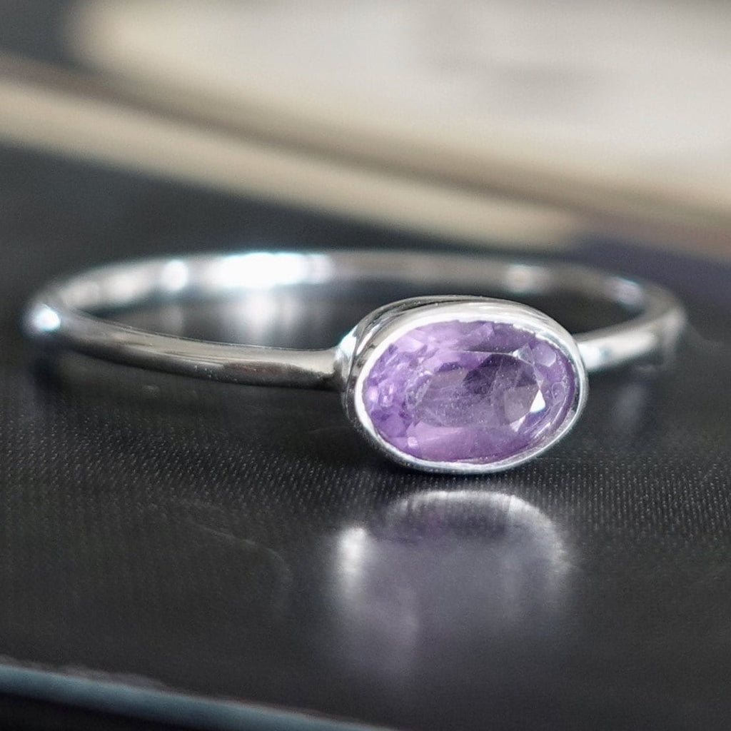 Dainty Amethyst Ring, Horizontal Oval Stone Stacking Ring, 925 Sterling Silver, Solitaire Ring, February Birthstone, Mistry Gems, R151A