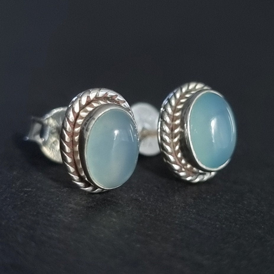 Aqua Calcedony Studs Earrings, Oval Stone 925 Sterling Silver, Pale Blue Gemstone, March Birthstone, Wedding Jewellery, Mistry Gems, S4C