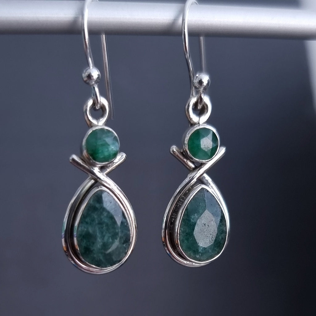 Emerald Facetted Two Stone 925 Sterling Silver Earrings,  E1EM