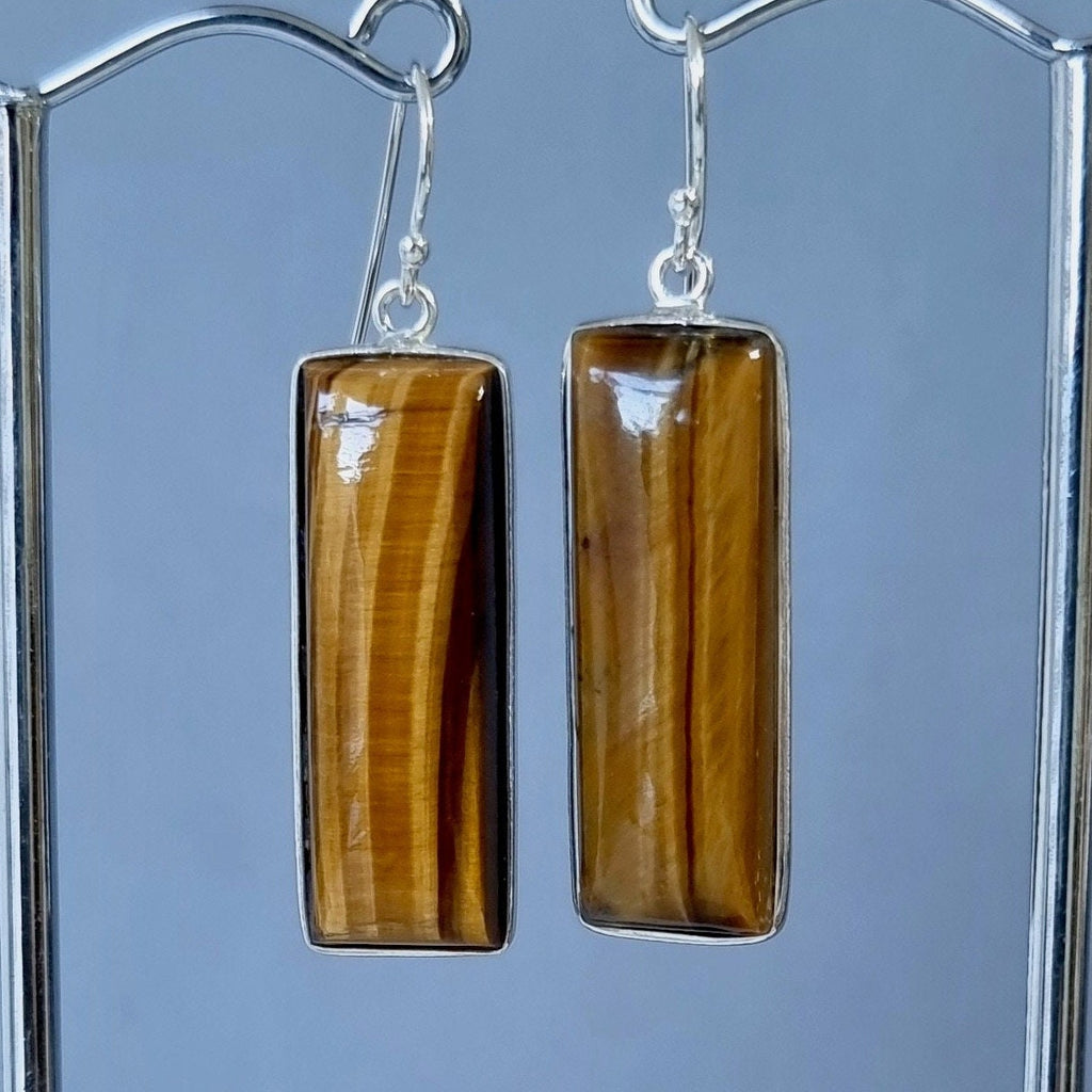 Tigers Eyes Rectangle 30mm x 10mm 925 Sterling Silver Earrings, TEE2