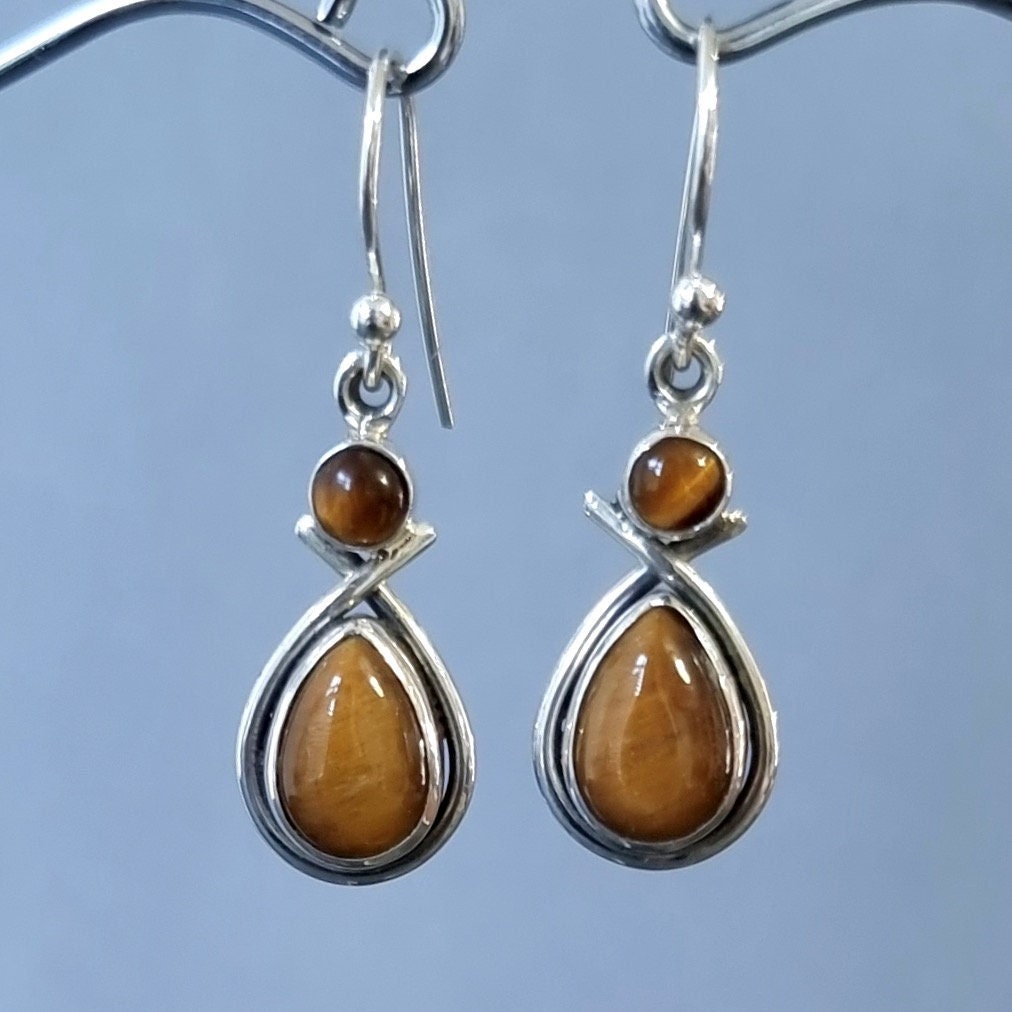 Tigers Eyes Two Stone 925 Sterling Silver Earrings, E1TE