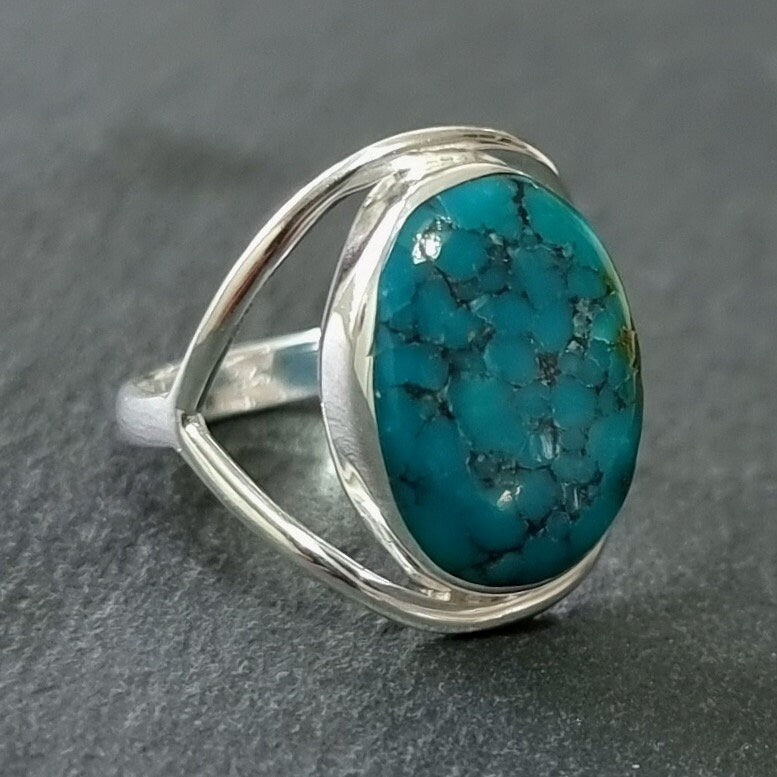 Natural Turquoise Oval 15mm x 12mm 925 Sterling Silver Ring, R80TSF