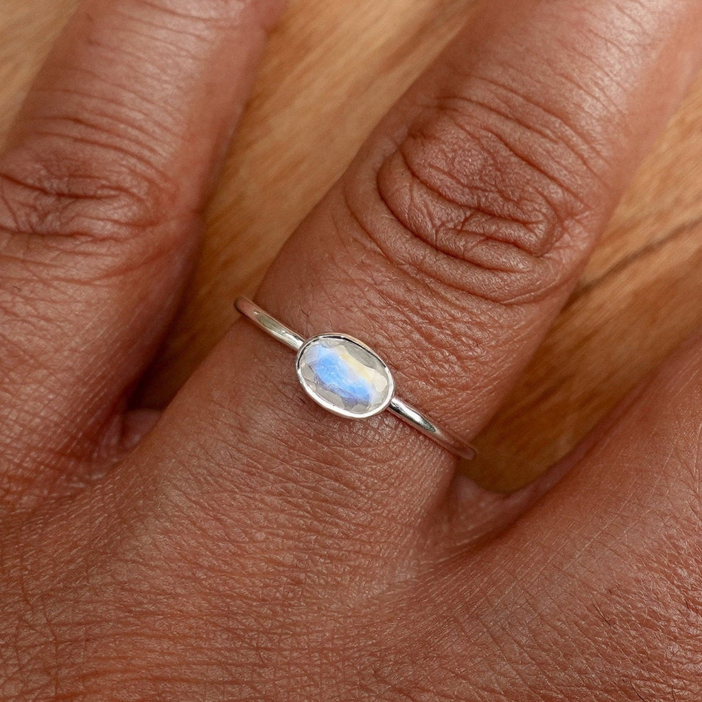 Dainty Moonstone Ring, Facetted Horizontal Oval Stacking Ring, 925 Sterling Silver, Solitaire Ring, Blue Gemstone, Mistry Gems, R151M