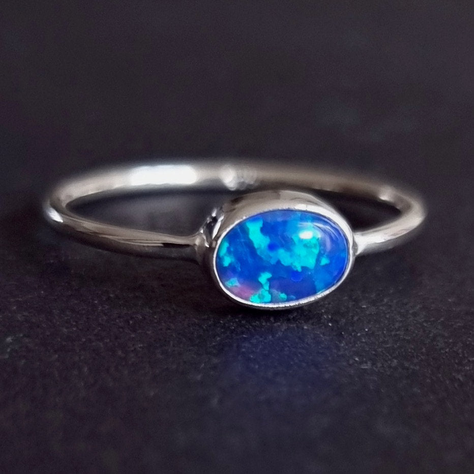 Dainty Blue Opal Ring, Horizontal Oval Stacking Ring, 925 Sterling Silver, October Birthstone, Blue Gemstone, Engagement,Mistry Gems,R151BOP