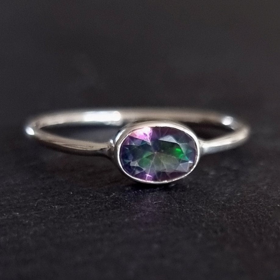 Dainty Mystic Topaz Ring, Facetted Oval Stacking Ring, 925 Sterling Silver, November Birthstone, Rainbow Gemstone, Mistry Gems, R151MT