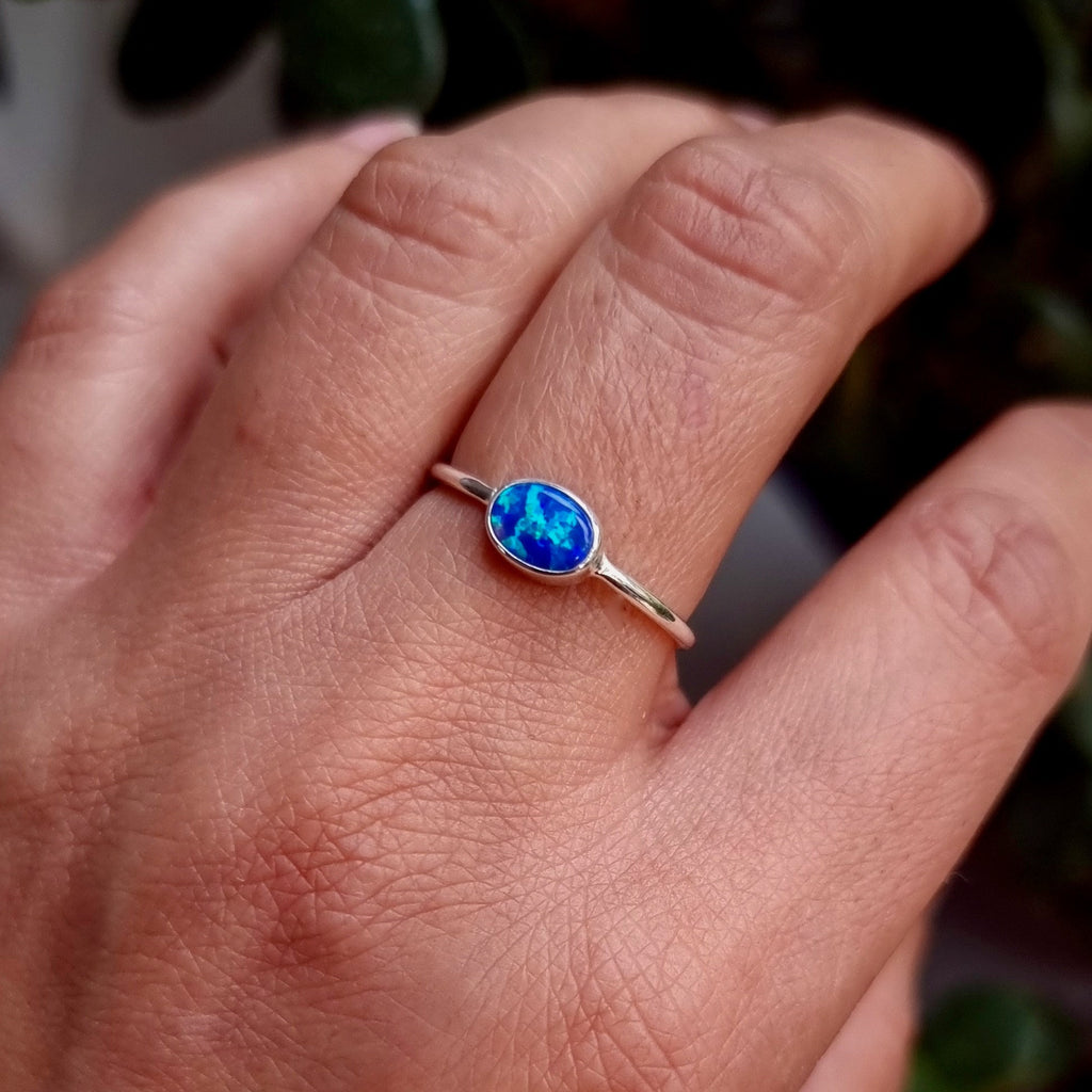 Dainty Horizontal Oval Blue Opal Ring 925 Sterling Silver