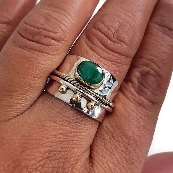 Emerald Wide 925 Silver Ring with Brass Detailing, R16EM
