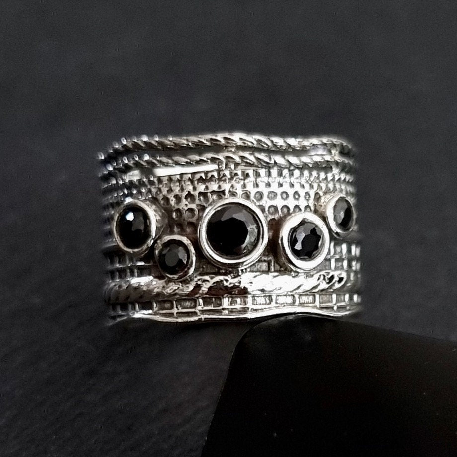 Black Onyx Wide Textured 925 Sterling Silver Ring, R14O