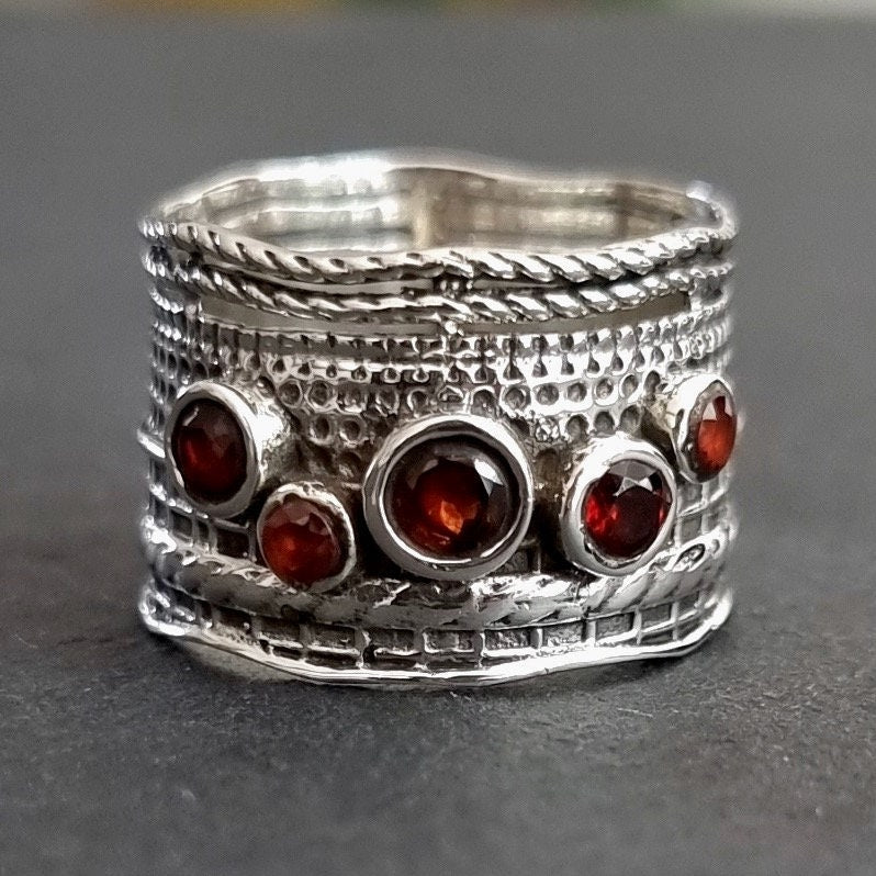 Garnet Ring Wide Textured 925 Sterling Silver Ring, R14G