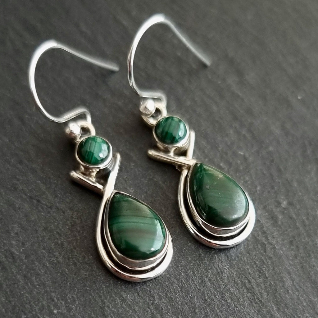 Malachite Two Stone Teardrop 925 Sterling Silver Earrings, E1MAL