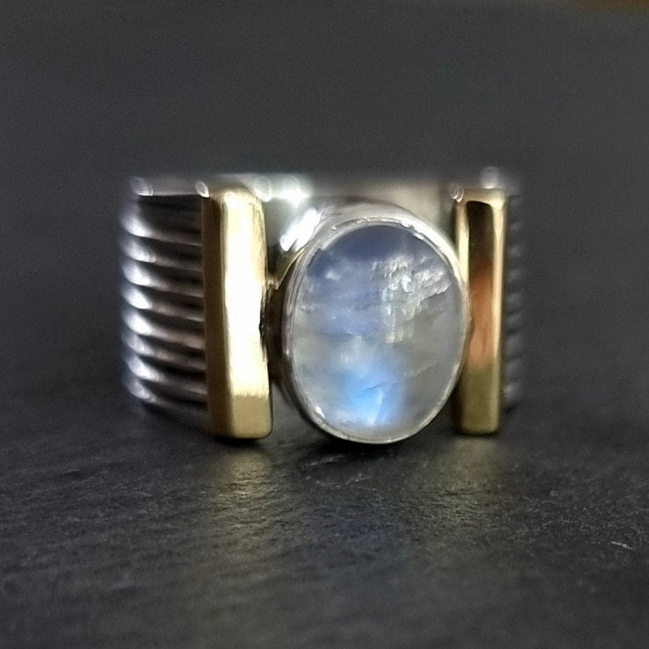 Designer Rainbow Moonstone Brass / Oxidised 925 Silver Ring, R186M
