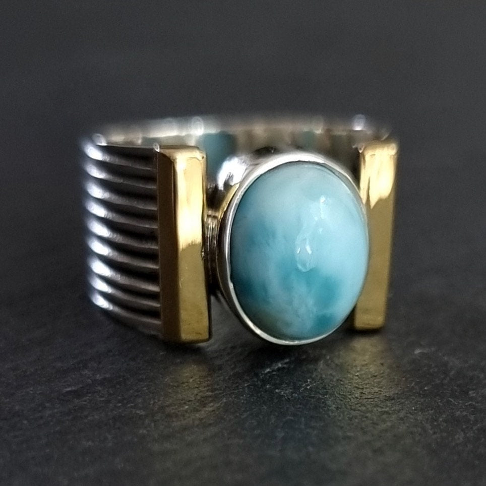 Designer Larimar Brass / Oxidised 925 Silver Ring, R186LAR