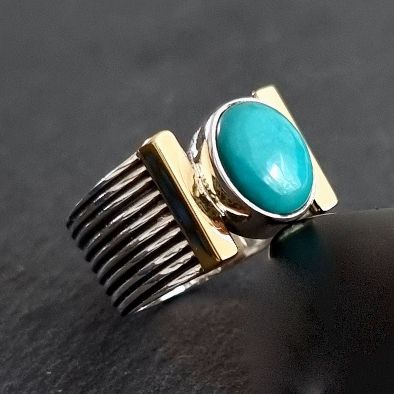 Designer Turquoise Brass / Oxidised 925 Silver Ring, R186T