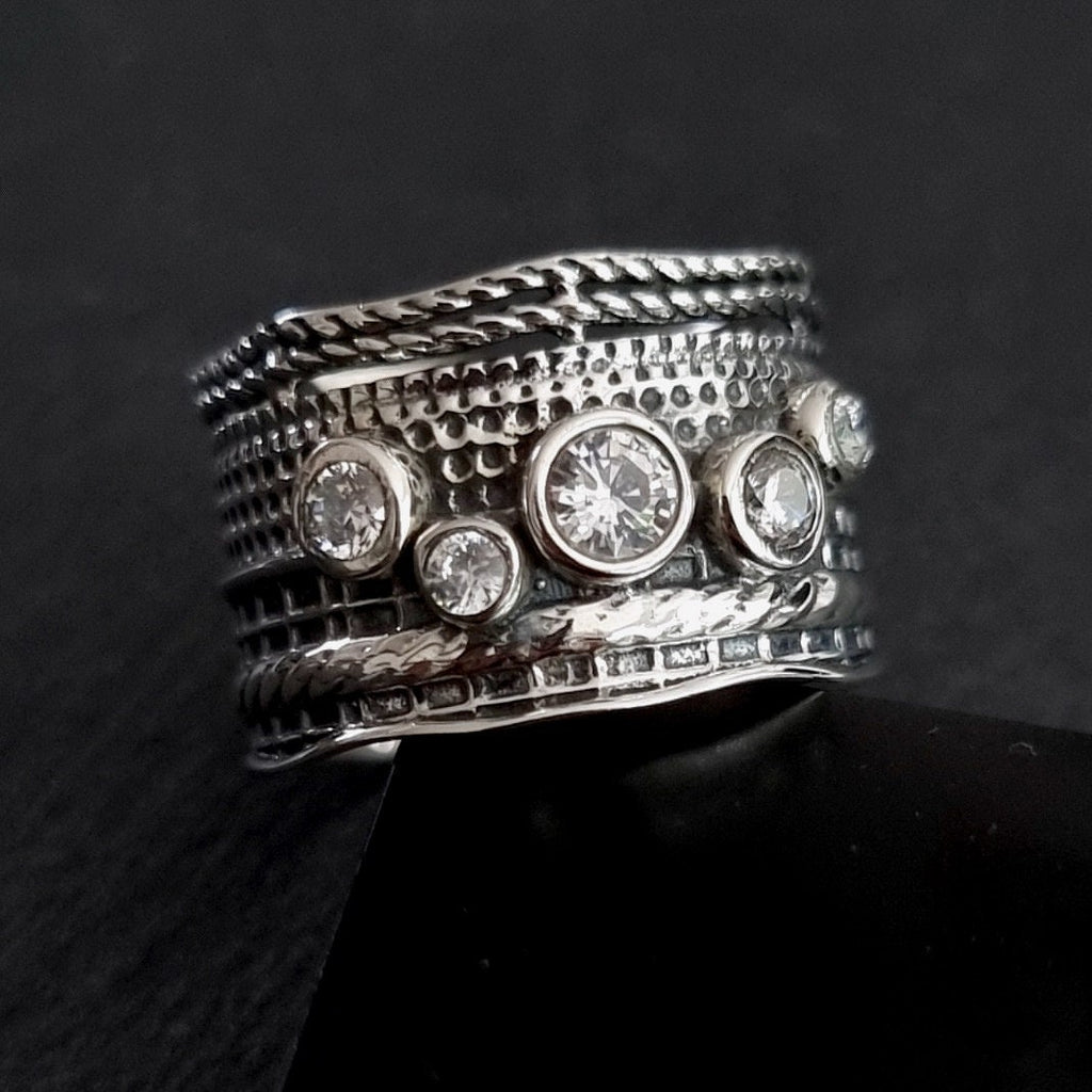 Cubic Zirconia Wide Textured 925 Sterling Silver Ring, R14CZ