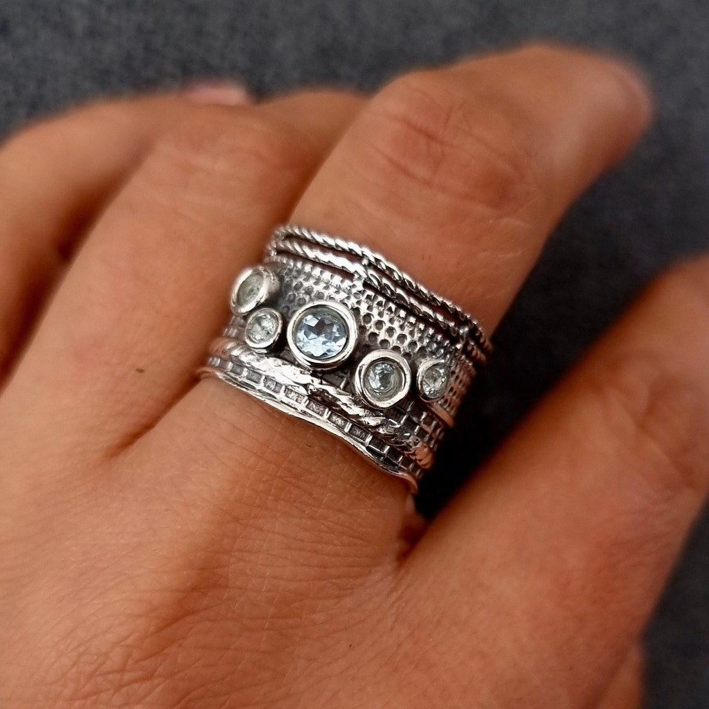 Blue Topaz Wide Textured 925 Sterling Silver Ring, R14BT