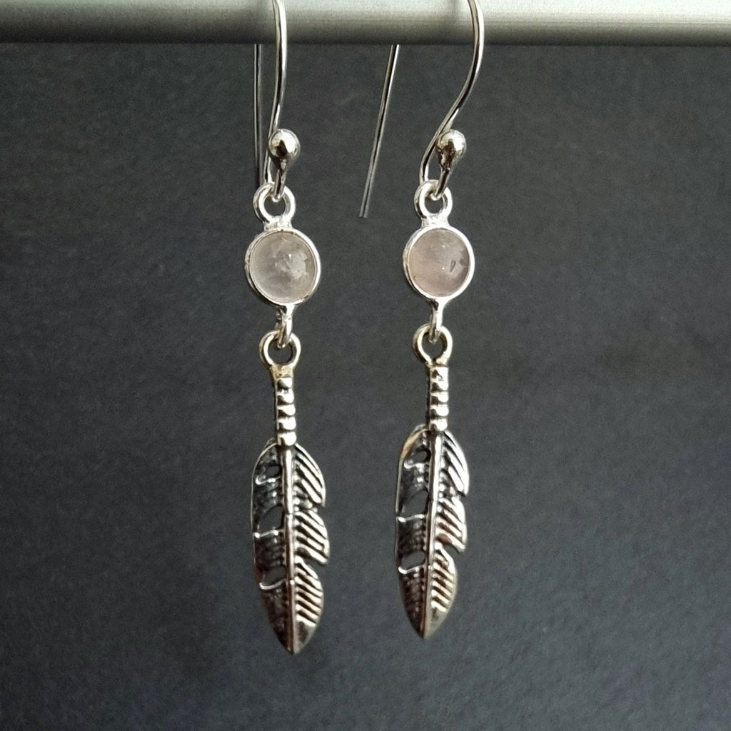Rose Quartz Feather 925 Sterling Silver Dangly Earrings, E21RQ