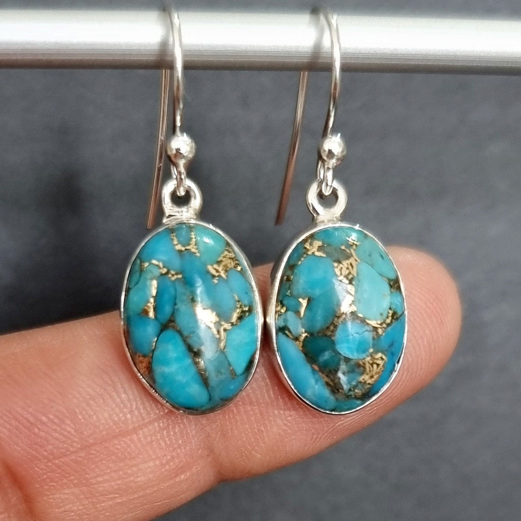 Blue Copper Turquoise Oval 14mm x 10mm 925 Silver Dangly Earrings, E2T