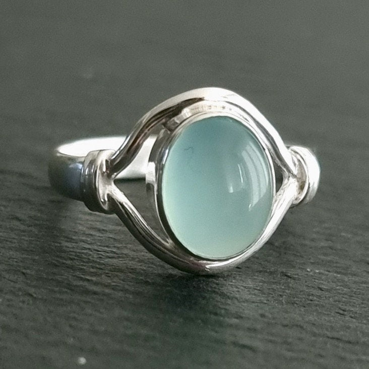 Aqua Calcedony Small Oval 925 Silver Ring, R13C