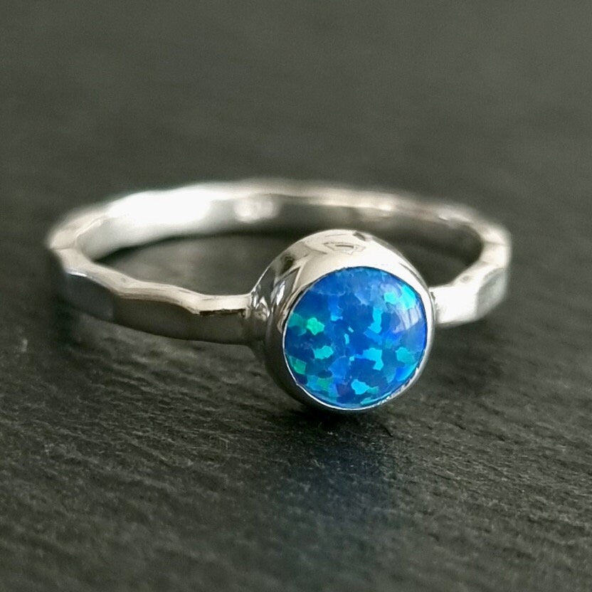Blue Opal Ring, Round Gemstone Stacking Ring, 925 Sterling Silver, October Birthstone, Blue Gemstone, Boho Jewellery, Mistry Gems, R11BOP