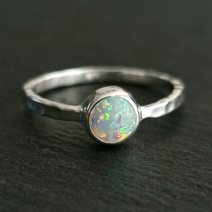 White Opal Ring, Round Gemstone Stacking Ring, 925 Sterling Silver,  October Birthstone, Rainbow Gemstone, Boho Jewelry, Mistry Gems, R11WOP