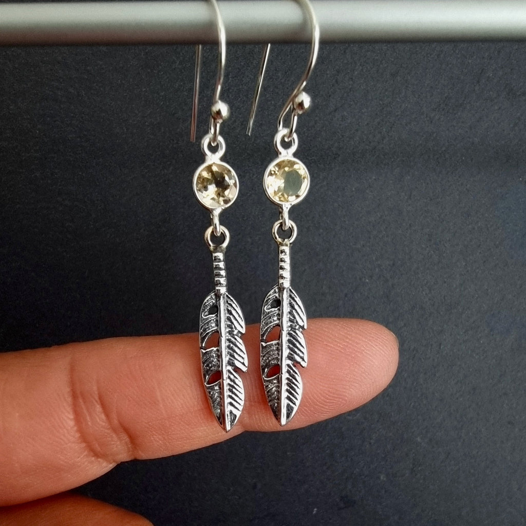 Citrine Feather 925 Sterling Silver Dangly Earrings, E21CIT