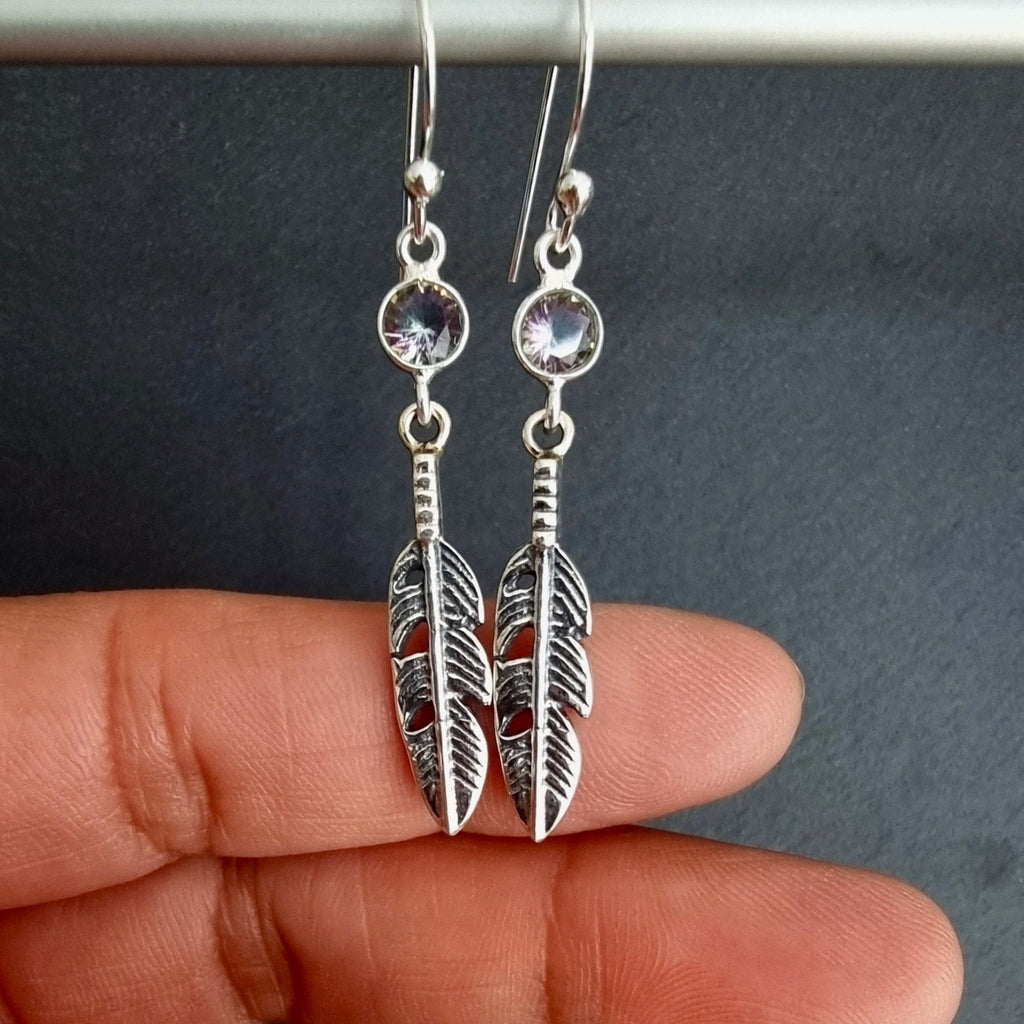 Mystic Topaz Feather Silver Dangly Earrings, E21MT