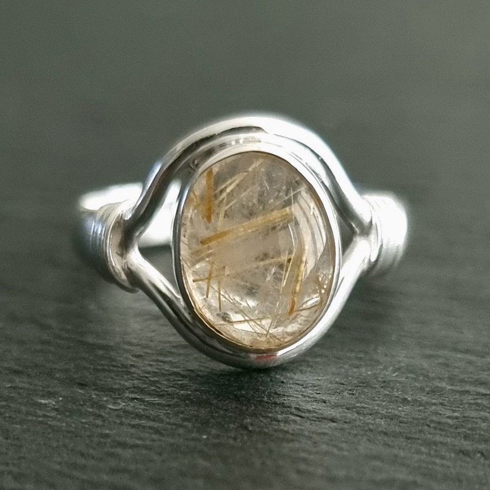Golden Rutile Quartz Small Oval 925 Silver Ring, R13RUT