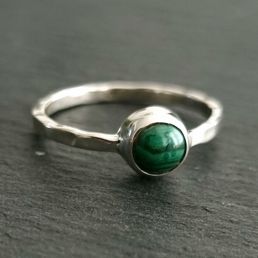 Malachite Ring, Round Gemstone Stacking Ring, 925 Sterling Silver, Wedding Jewellery, Solitaire Ring, Dark Green Gemstone,Mistry Gems R11MAL