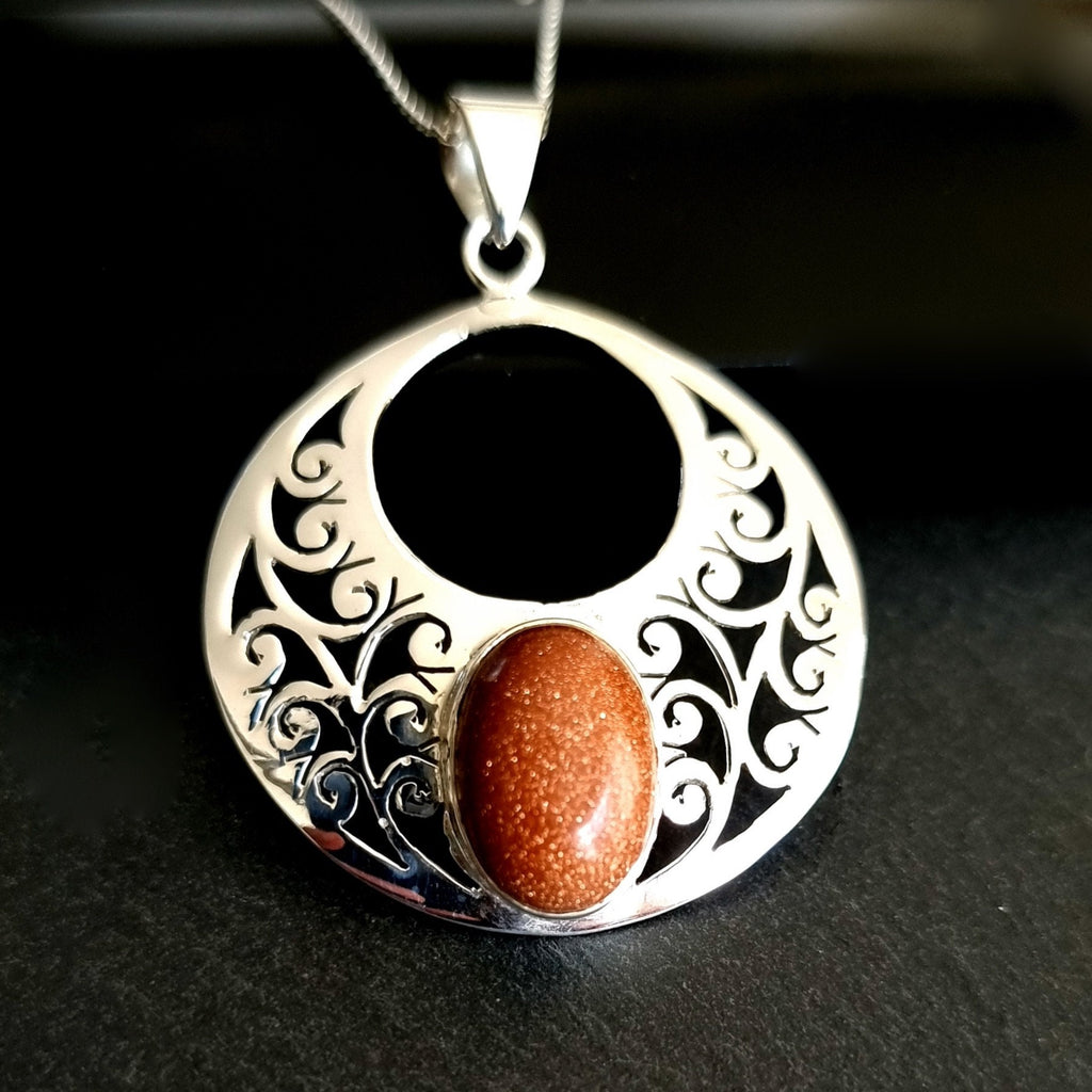 Goldstone Round Filigree 925 Sterling Silver Pendant, P1GS