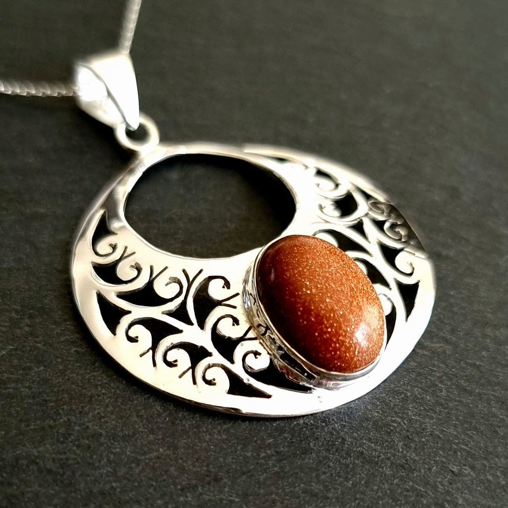 Round Silver Filigree Orange Goldstone Pendant | 925 Silver