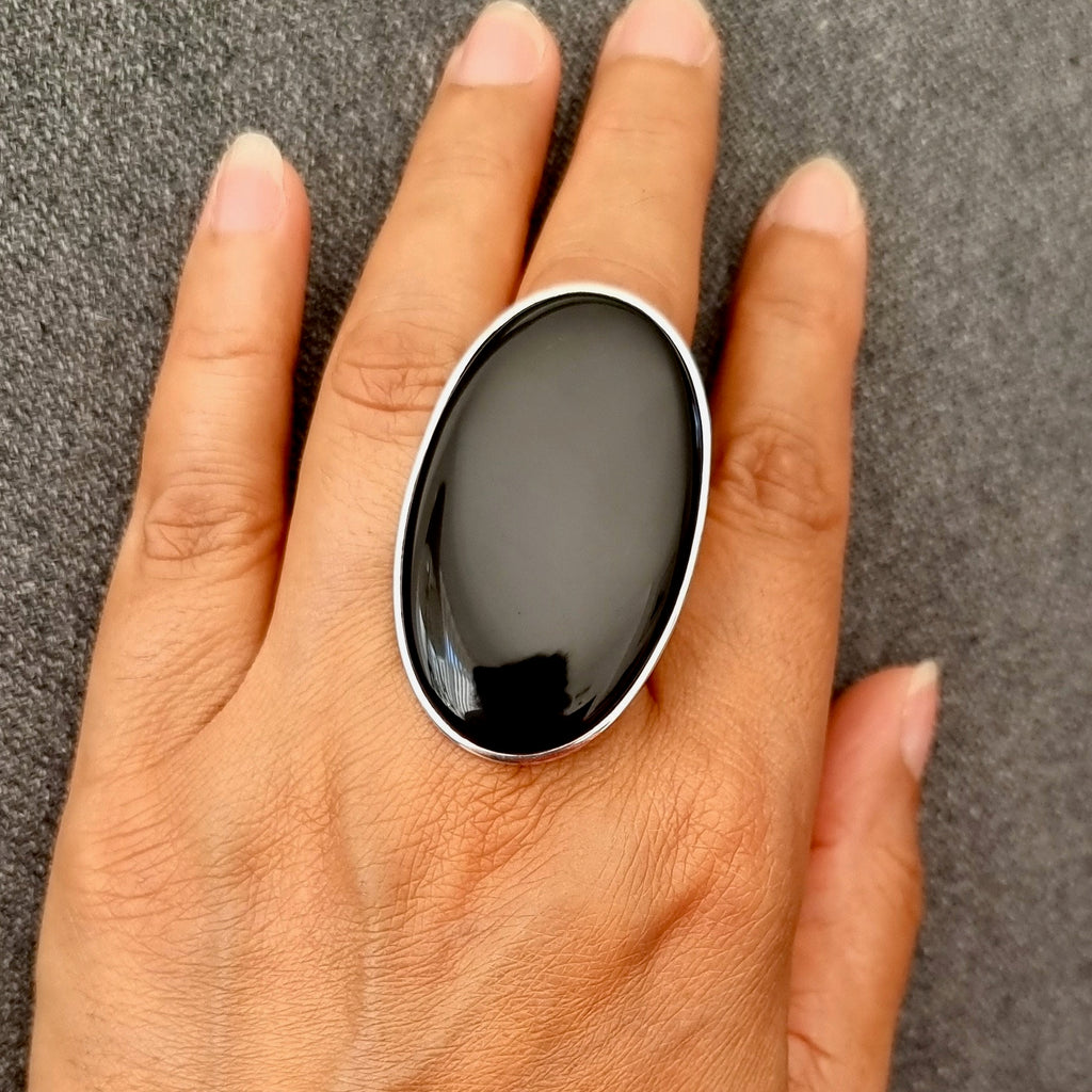 Large Black Onyx Ring, Adjustable US 8 1/2 UK Q1/2, Oval 49mm x 29mm 925 Silver Ring, Black Gemstone, Little Black Dress, Mistry Gems, R229