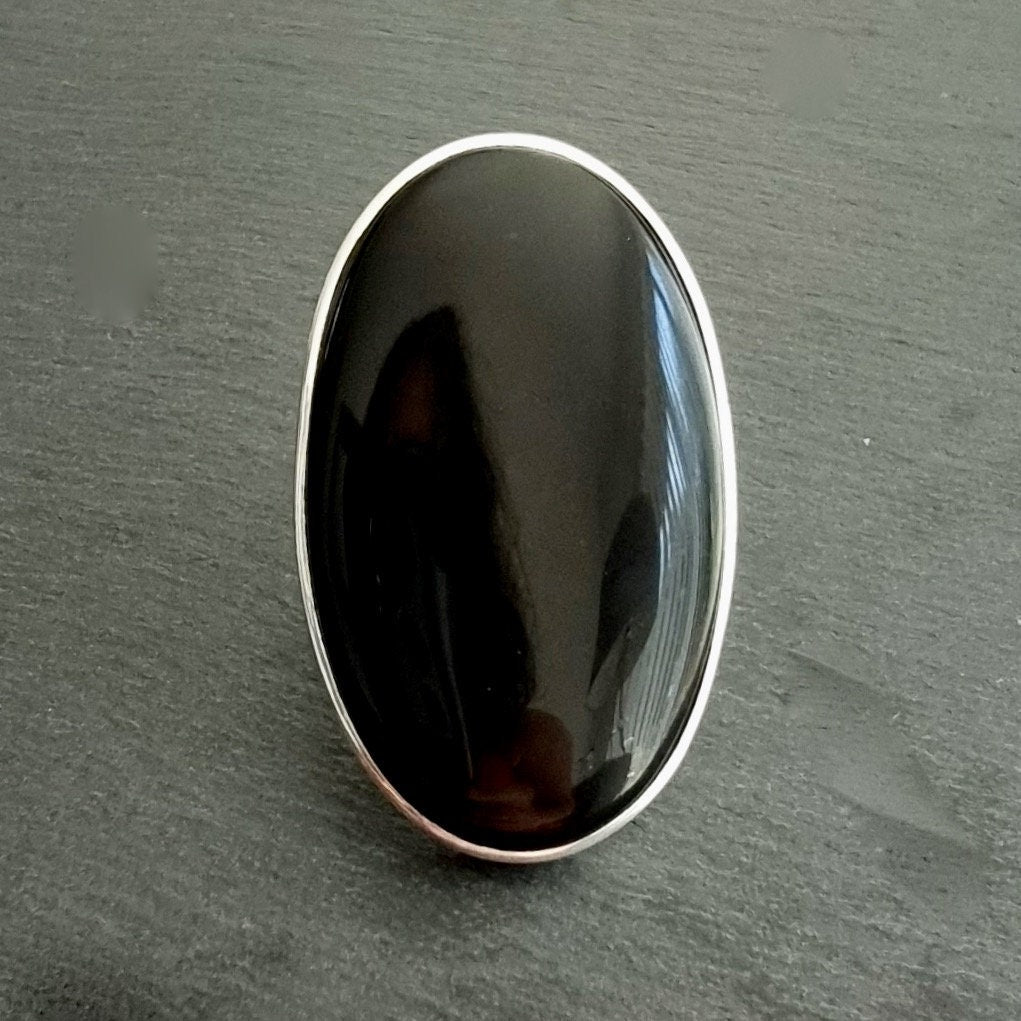 Black Onyx Adjustable Oval 38mm x 24mm 925 Silver Ring, R229a
