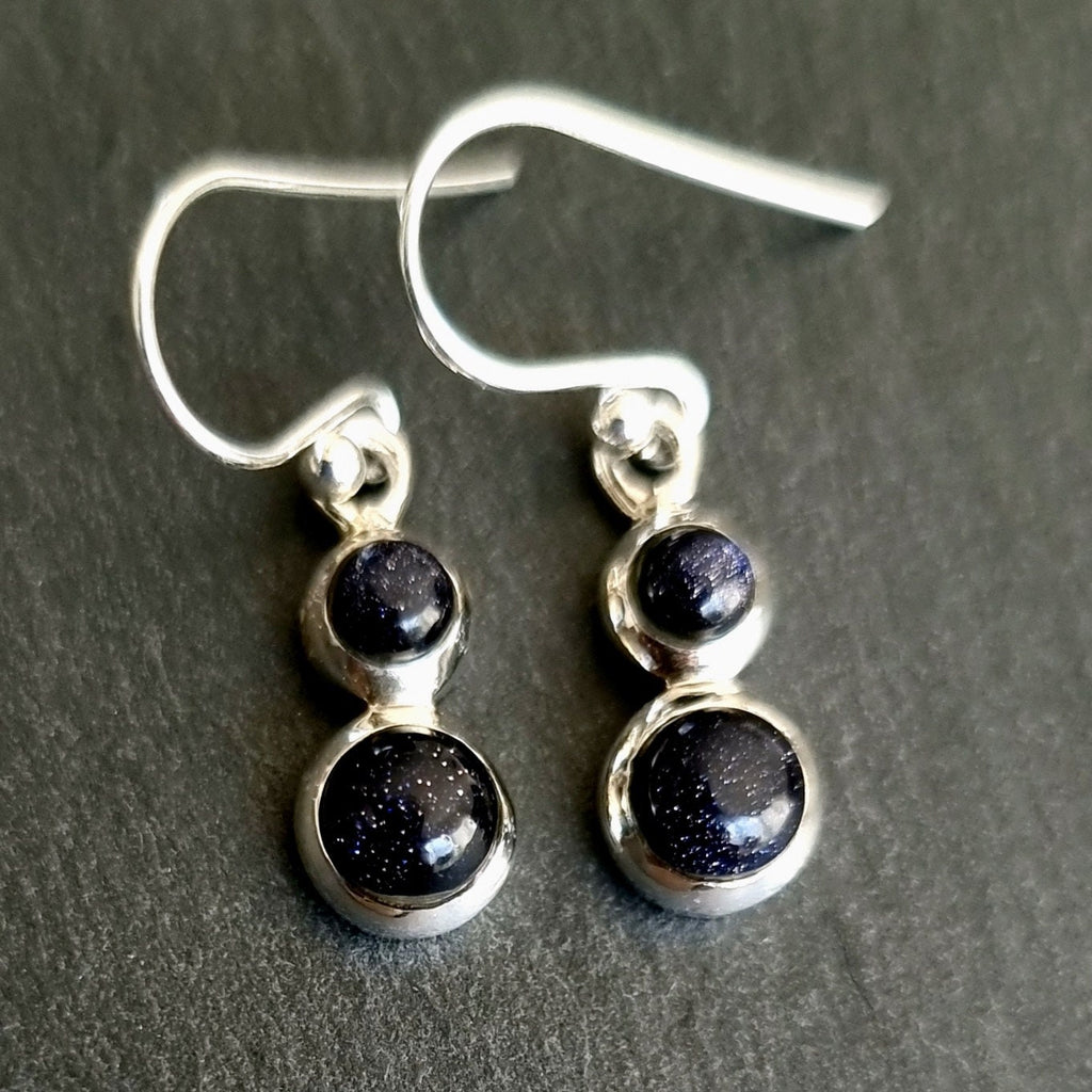 Blue Goldstone Round Two Stone 925 Sterling Silver Earrings, E55BS
