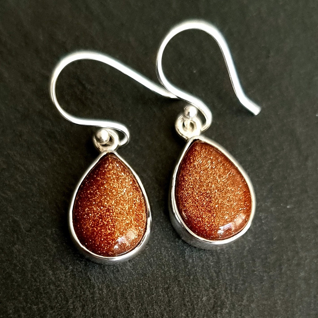 Goldstone Teardrop 14mm x 10mm 925 Silver Dangly Earrings, E11GS