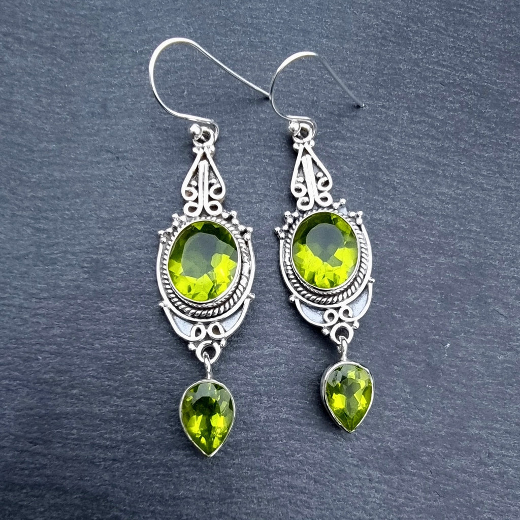 Boho Peridot Earrings, August Birthday, Long 925 Sterling Silver Dangly Earrings, Green Gemstone, Nepali Design, 16th Anni, Mistry Gems,E38P