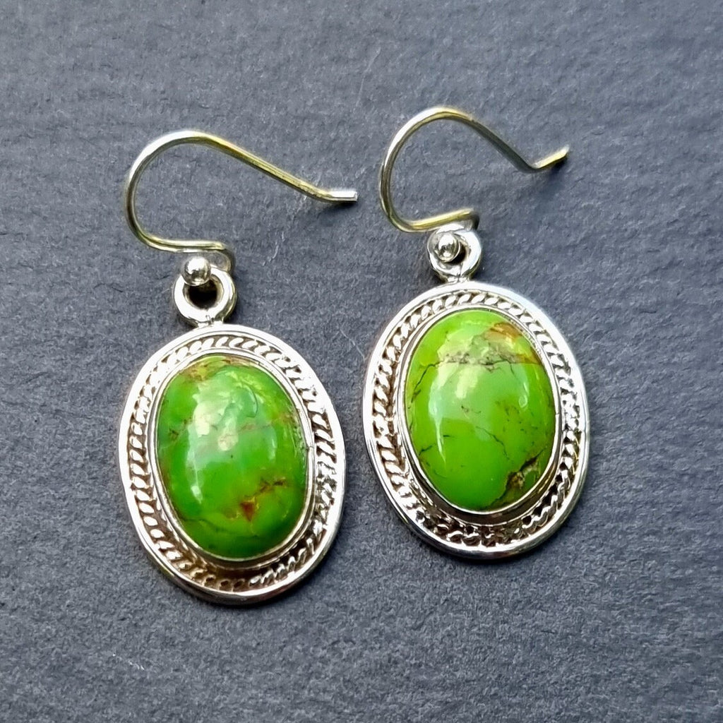 Green Copper Turquoise Oval Boho 925 Silver Earrings, GCTE3